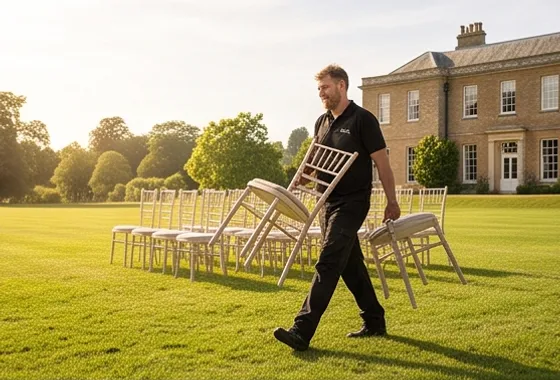 Crew member carrying limewash chairs across a lawn while ceremony rows are set out