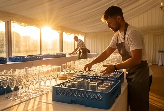 Glassware being unpacked from hire crates onto a marquee table in low evening sun