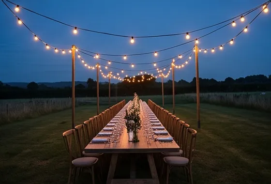 Festoon lighting strung above a long outdoor dining table at blue hour