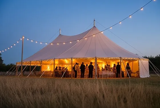Sailcloth marquee glowing at dusk with guests inside and festoon lights above the entrance