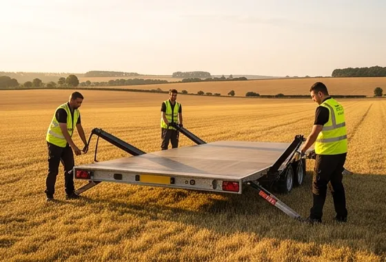 Crew in hi-vis unloading stage deck sections from a trailer in a stubble field