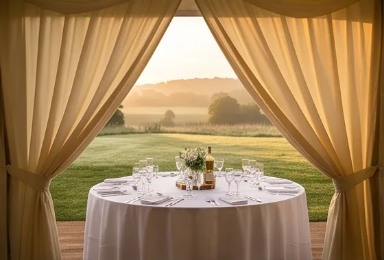 Round table dressed for dinner, framed by marquee drapes over open countryside at golden hour