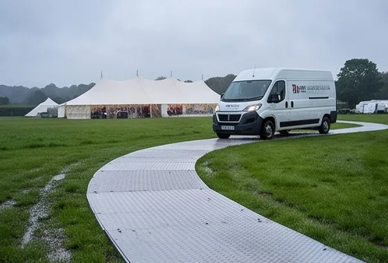 Temporary roadway curving across wet grass towards a marquee, with a van driving in