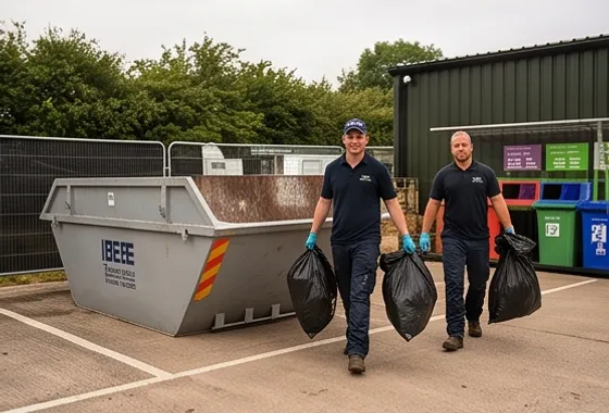 Event waste and recycling station beside a skip being loaded by crew